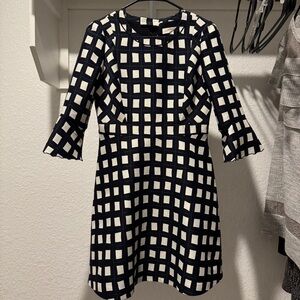 Elegant Navy and White Checkered Long Sleeve Dress from Korea